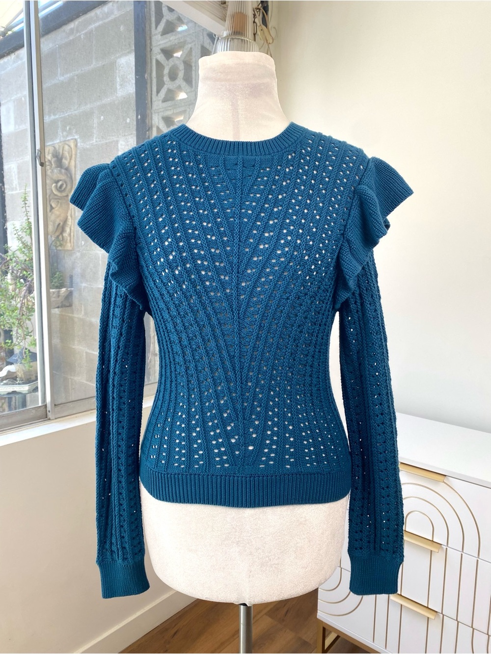 Nation LTD NWT Pointelle Ruffle Kay Pullover Sweater Italian Sea Blue, Size S - Picture 2 of 7